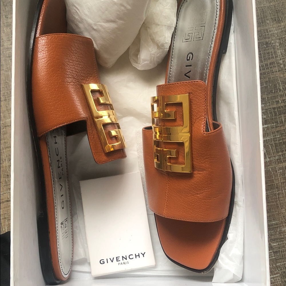 Givenchy Tan Leather Slide Sandals with Gold Emblem - Picture 8 of 8
